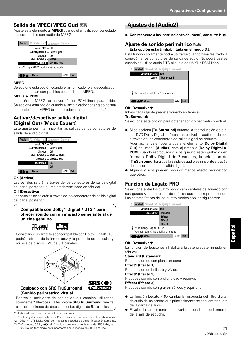 Ajustes de [audio2, Espa ñ ol salida de mpeg(mpeg out), Ajuste de sonido perimétrico | Función de legato pro | Pioneer DVJ-X1 User Manual | Page 267 / 295