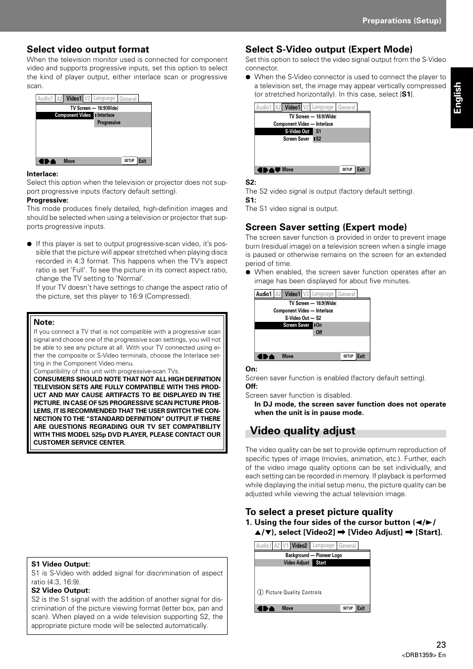 Video quality adjust, English select video output format, Select s-video output (expert mode) | Screen saver setting (expert mode) | Pioneer DVJ-X1 User Manual | Page 27 / 295