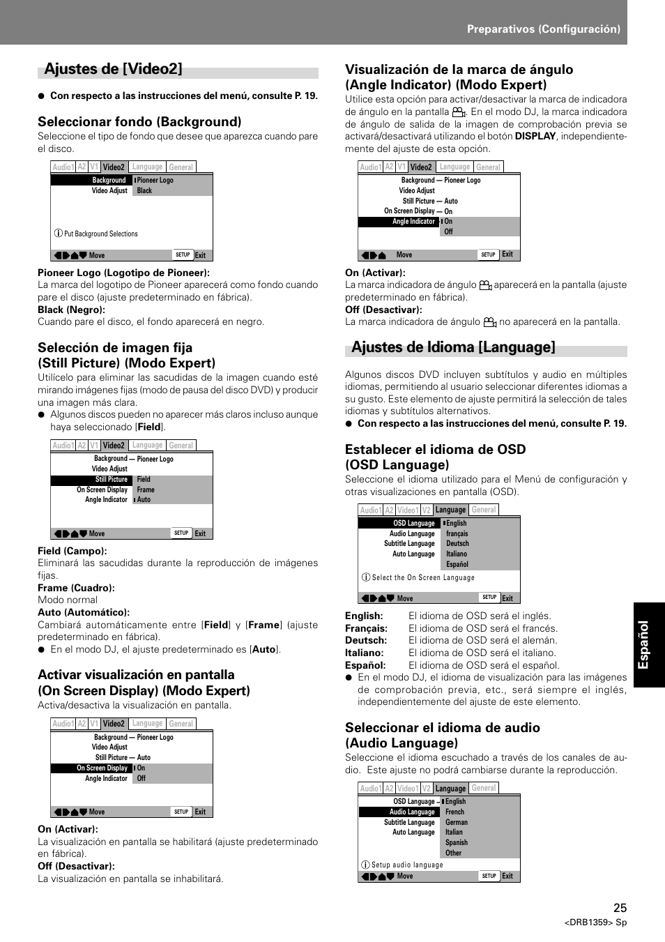Ajustes de [video2] ajustes de idioma [language, Ajustes de [video2, Ajustes de idioma [language | Espa ñ ol, Seleccionar fondo (background), Establecer el idioma de osd (osd language), Seleccionar el idioma de audio (audio language), Index preparativos (configuración) | Pioneer DVJ-X1 User Manual | Page 271 / 295