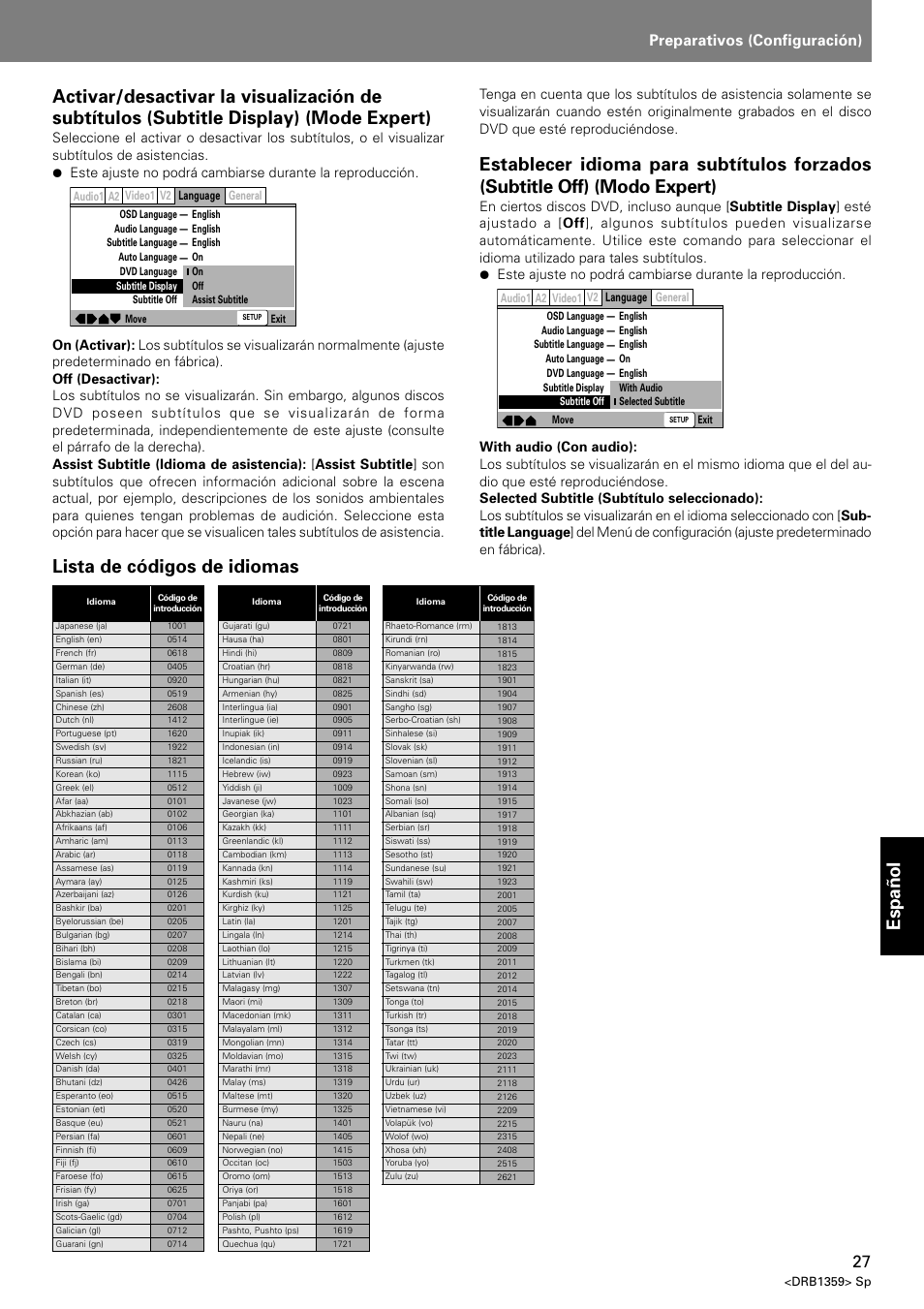 Lista de códigos de idiomas, Index preparativos (configuración) | Pioneer DVJ-X1 User Manual | Page 273 / 295