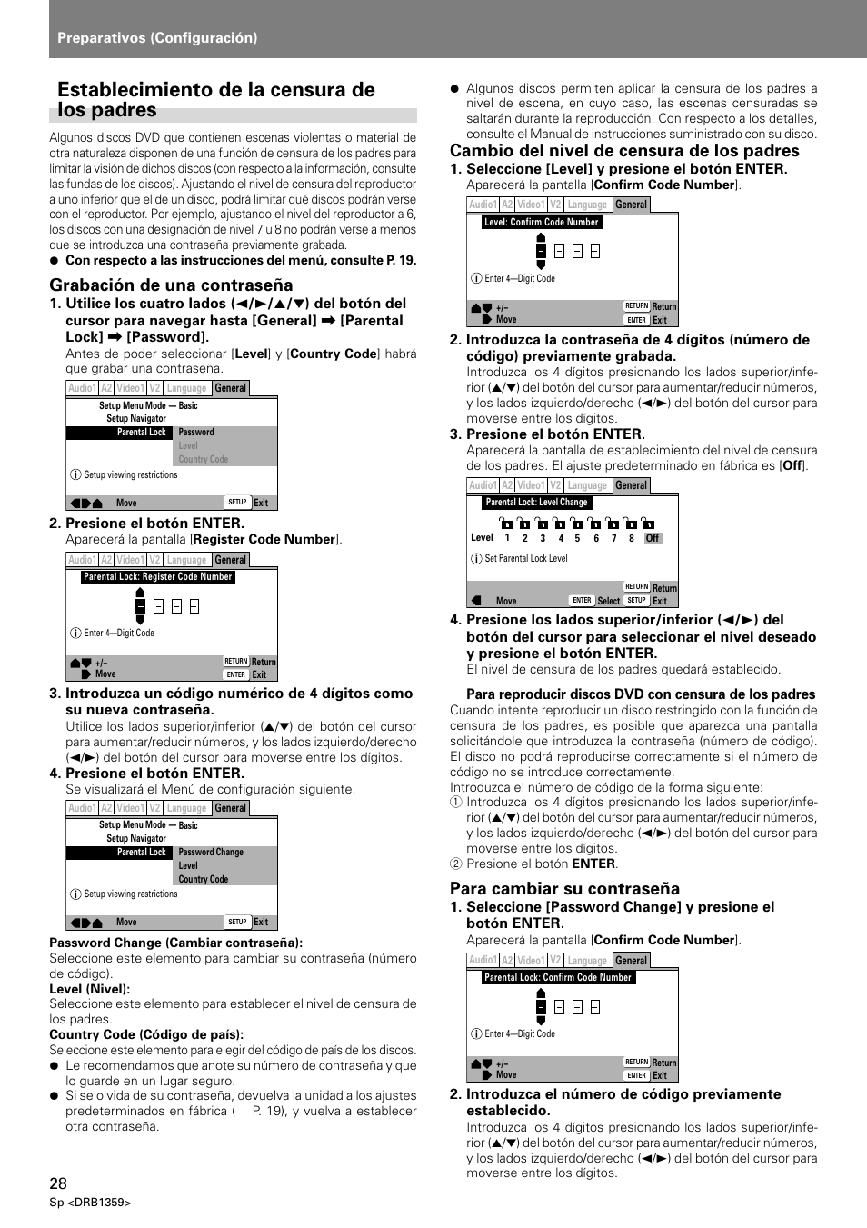 Establecimiento de la censura de los padres, Grabación de una contraseña, Cambio del nivel de censura de los padres | Para cambiar su contraseña | Pioneer DVJ-X1 User Manual | Page 274 / 295