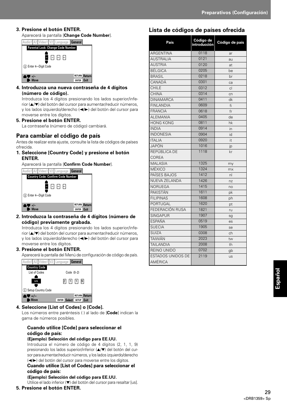 Espa ñ ol, Para cambiar el código de país, Lista de códigos de países ofrecida | Index preparativos (configuración), Presione el botón enter, Seleccione [list of codes] o [code | Pioneer DVJ-X1 User Manual | Page 275 / 295