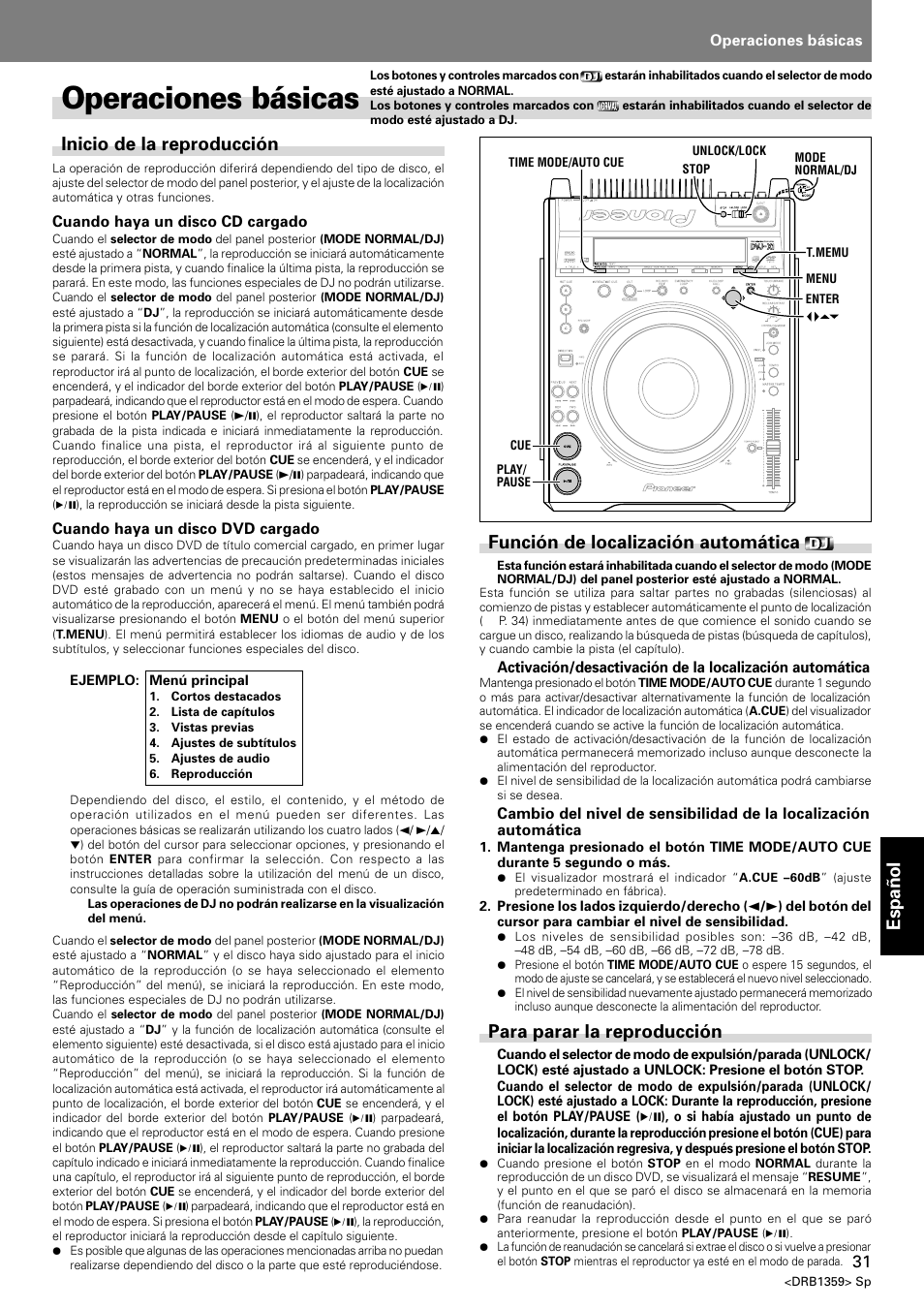 Operaciones básicas, Espa ñ ol, Inicio de la reproducción | Función de localización automática, Para parar la reproducción | Pioneer DVJ-X1 User Manual | Page 277 / 295