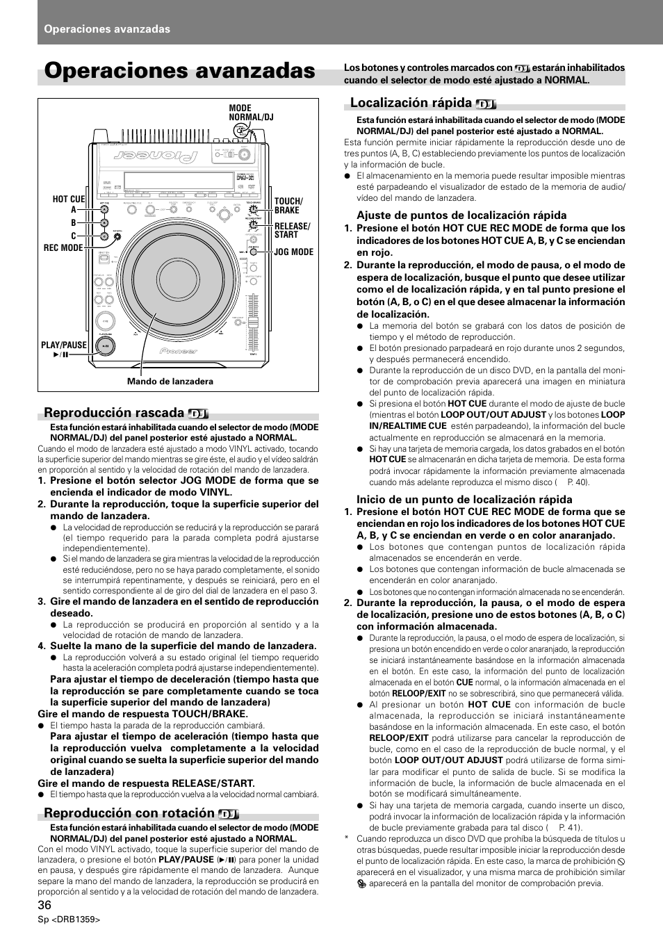 Operaciones avanzadas, Reproducción rascada, Reproducción con rotación | Localización rápida | Pioneer DVJ-X1 User Manual | Page 282 / 295