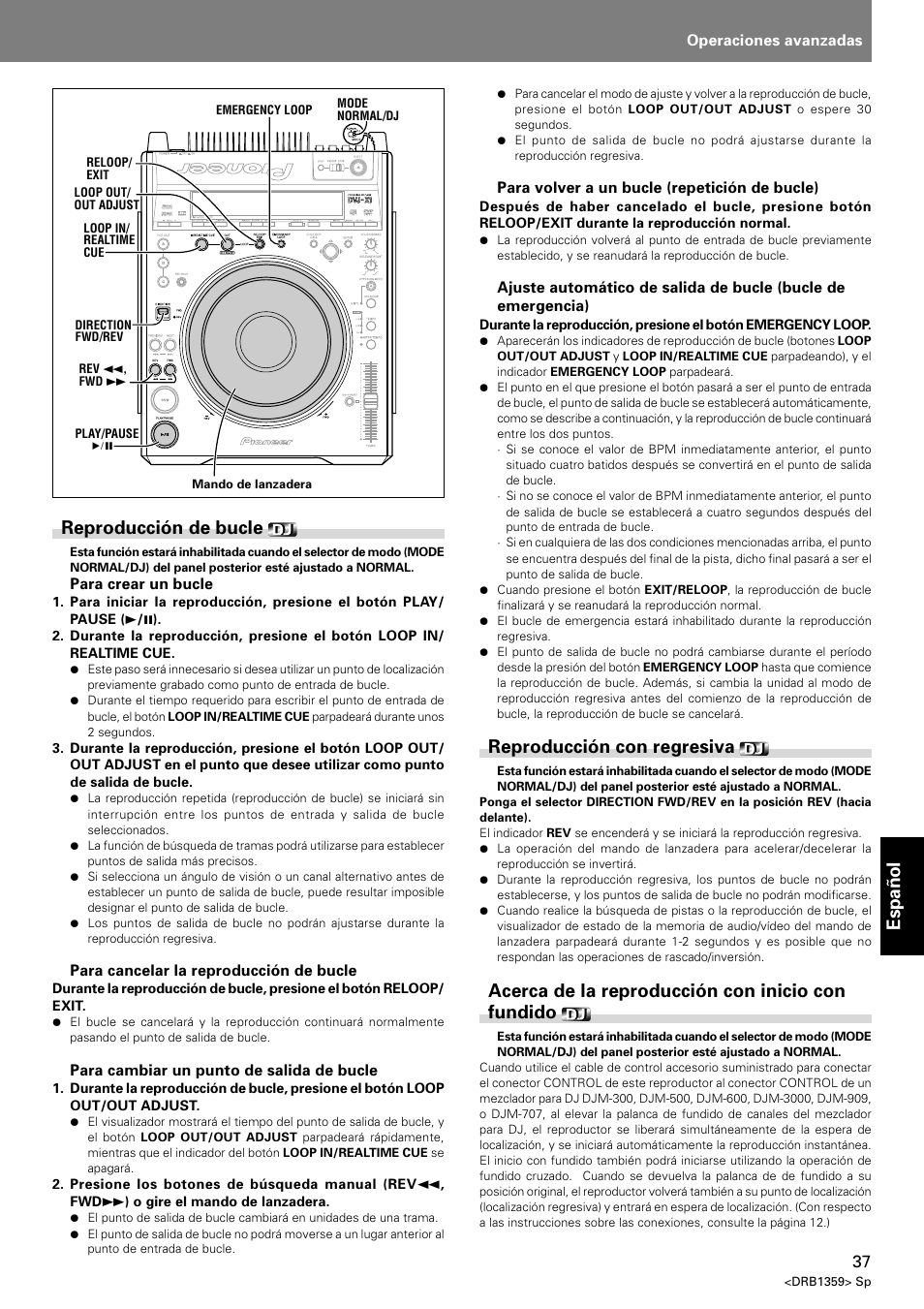 Espa ñ ol reproducción de bucle, Reproducción con regresiva, Acerca de la reproducción con inicio con fundido | Pioneer DVJ-X1 User Manual | Page 283 / 295