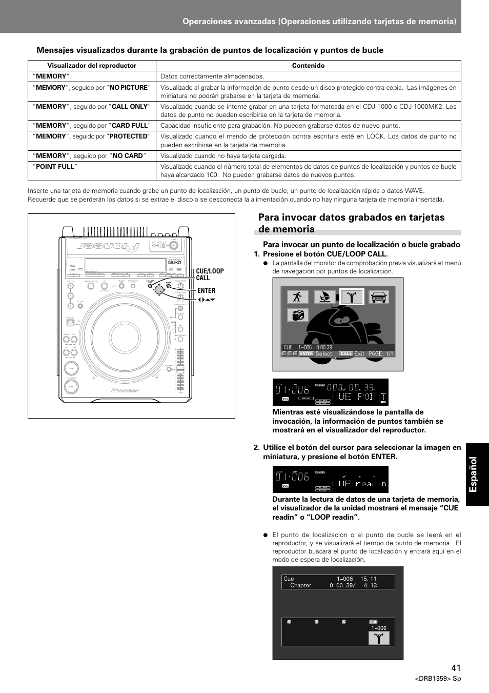 Para invocar datos grabados en tarjetas de memoria, Espa ñ ol | Pioneer DVJ-X1 User Manual | Page 287 / 295