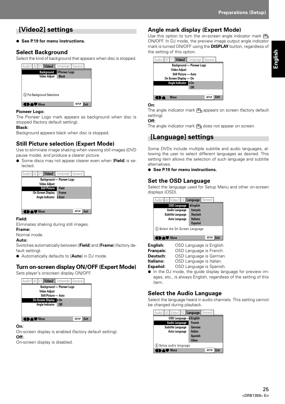 Video2] settings [language] settings, Video2] settings, Language] settings | English, Select background, Still picture selection (expert mode), Turn on-screen display on/off (expert mode), Angle mark display (expert mode), Set the osd language, Select the audio language | Pioneer DVJ-X1 User Manual | Page 29 / 295