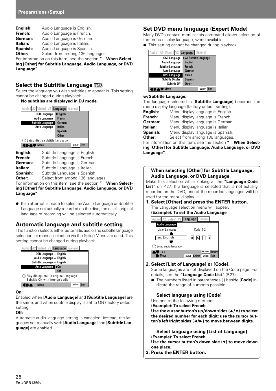 Select the subtitle language, Automatic language and subtitle setting, Set dvd menu language (expert mode) | Pioneer DVJ-X1 User Manual | Page 30 / 295