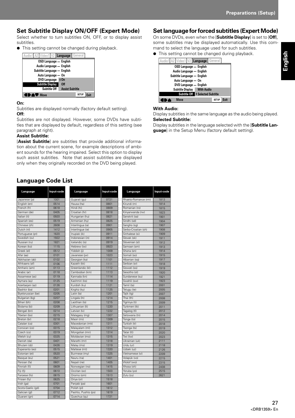 English set subtitle display on/off (expert mode), Set language for forced subtitles (expert mode), Language code list | Index preparations (setup) | Pioneer DVJ-X1 User Manual | Page 31 / 295