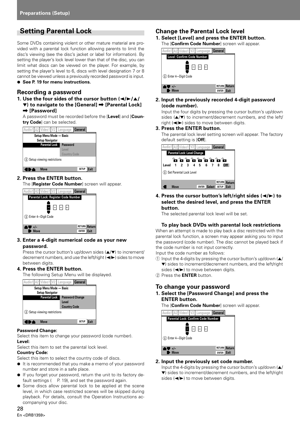 Setting parental lock, Recording a password, Change the parental lock level | Pioneer DVJ-X1 User Manual | Page 32 / 295