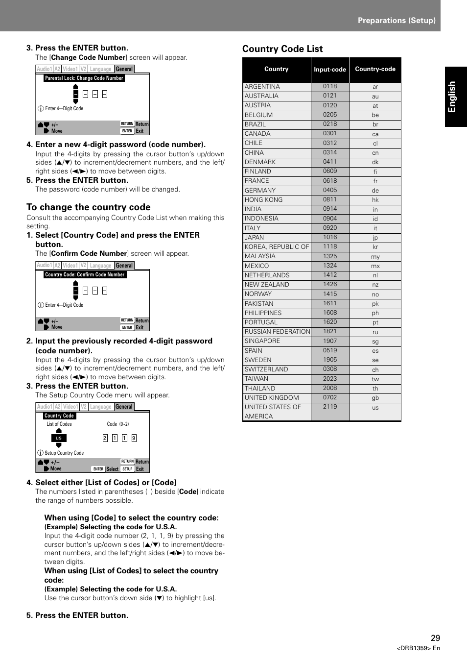English, Country code list, Index preparations (setup) | Press the enter button, Enter a new 4-digit password (code number), Select [country code] and press the enter button, Select either [list of codes] or [code, When using [code] to select the country code | Pioneer DVJ-X1 User Manual | Page 33 / 295