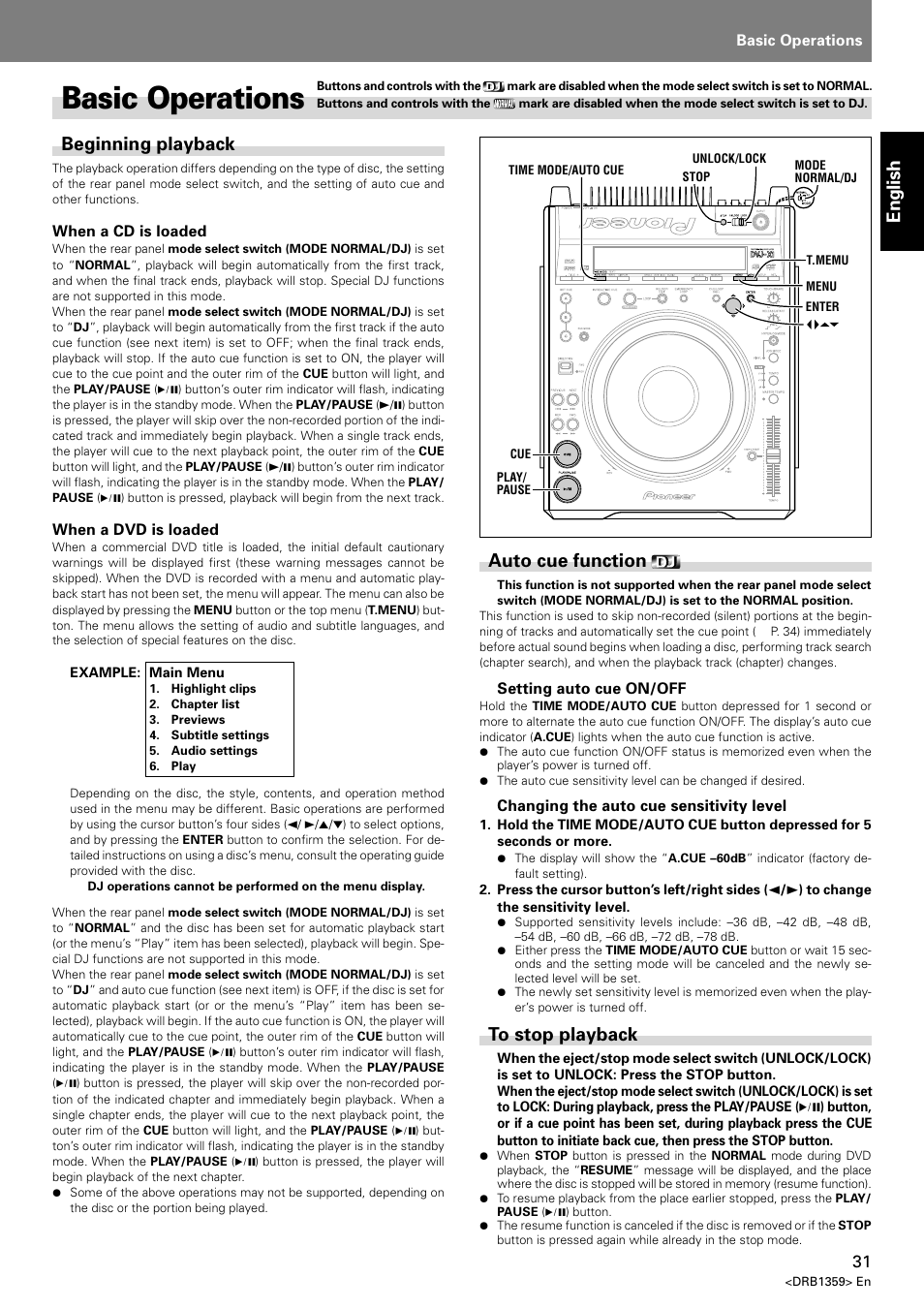 Basic operations, English, Beginning playback | Auto cue function | Pioneer DVJ-X1 User Manual | Page 35 / 295