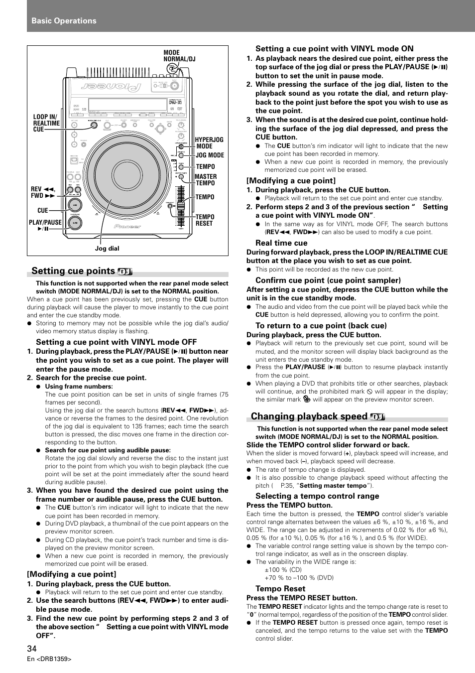 Setting cue points changing playback speed, Setting cue points, Changing playback speed | Pioneer DVJ-X1 User Manual | Page 38 / 295