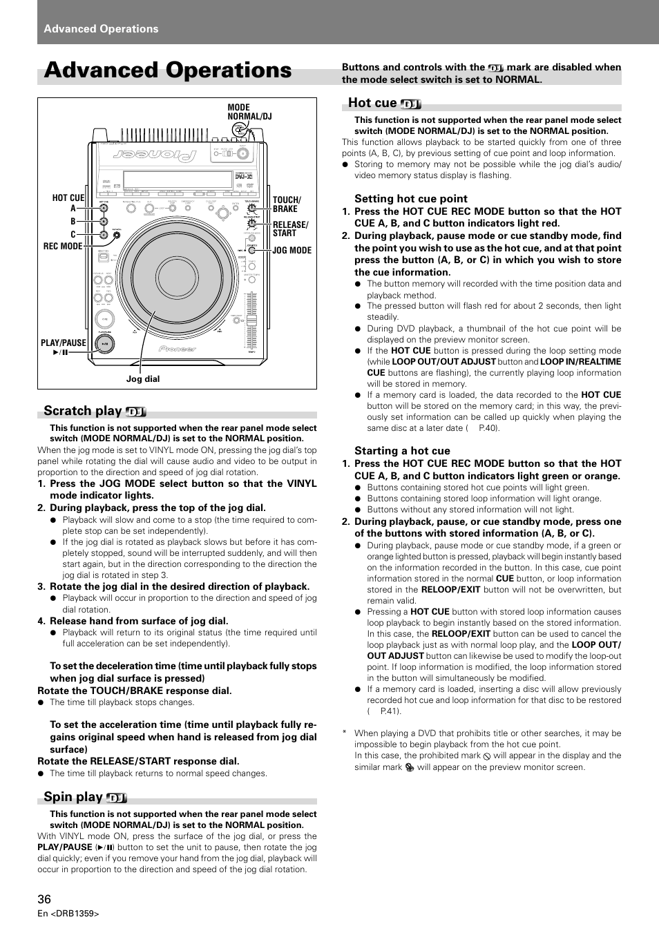 Advanced operations, Scratch play spin play hot cue, Scratch play | Spin play, Hot cue | Pioneer DVJ-X1 User Manual | Page 40 / 295