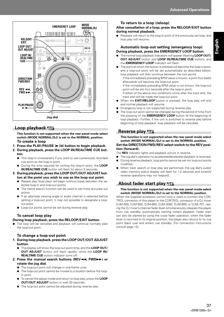 Loop playback reverse play about fader start play, English loop playback, Reverse play | About fader start play | Pioneer DVJ-X1 User Manual | Page 41 / 295