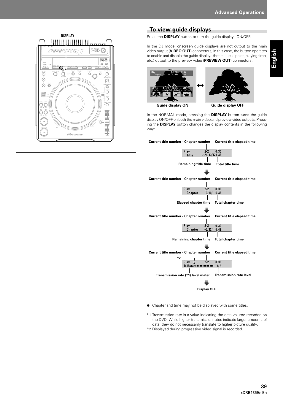 To view guide displays, English to view guide displays, Advanced operations | Pioneer DVJ-X1 User Manual | Page 43 / 295