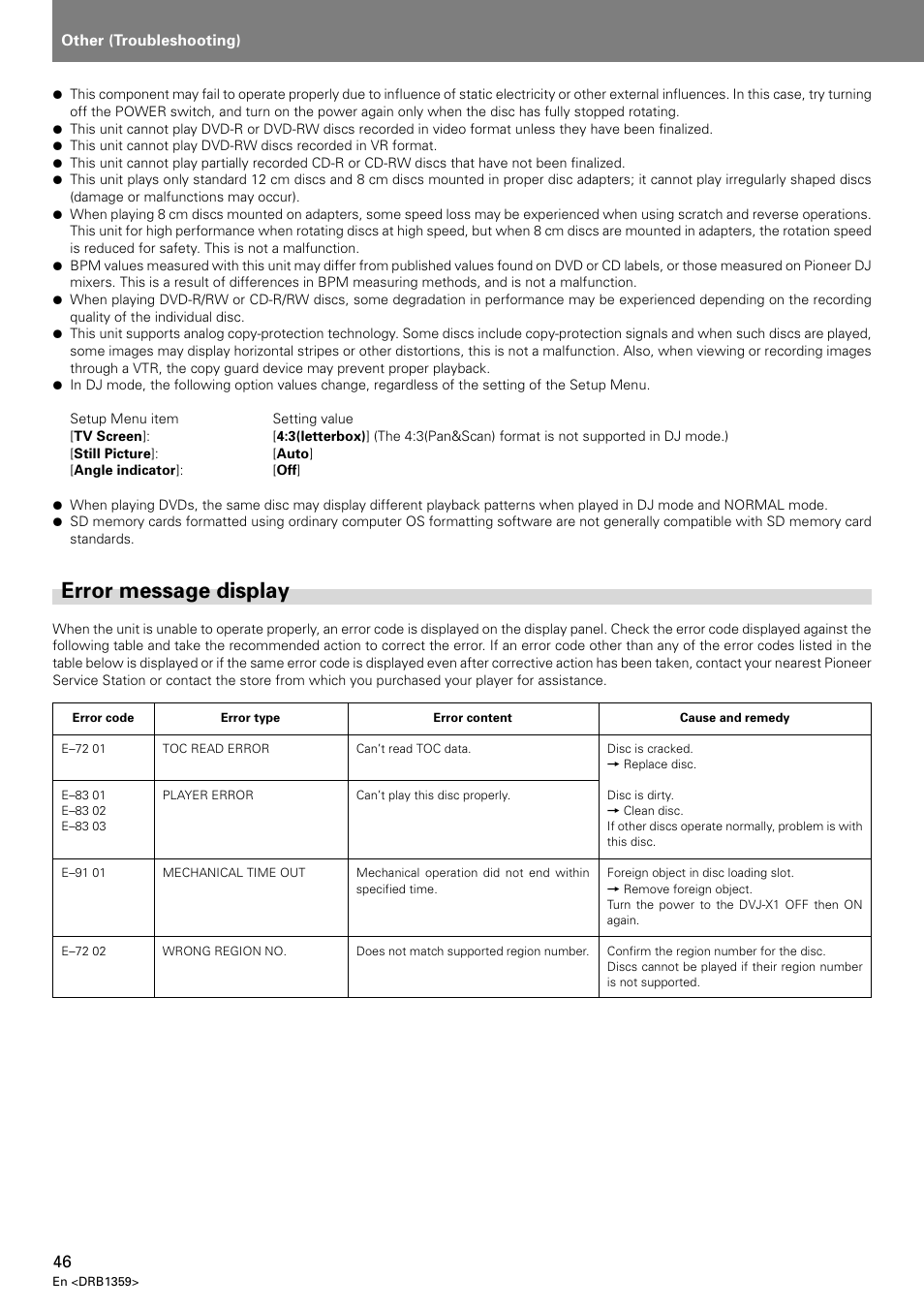 Error message display | Pioneer DVJ-X1 User Manual | Page 50 / 295