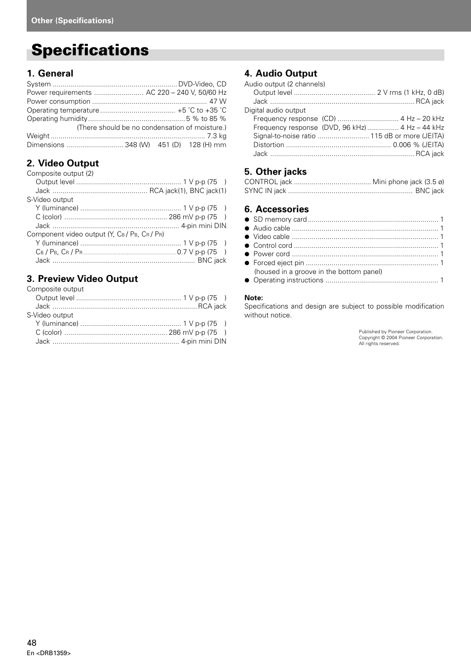 Specifications, General, Video output | Preview video output, Audio output, Other jacks, Accessories | Pioneer DVJ-X1 User Manual | Page 52 / 295