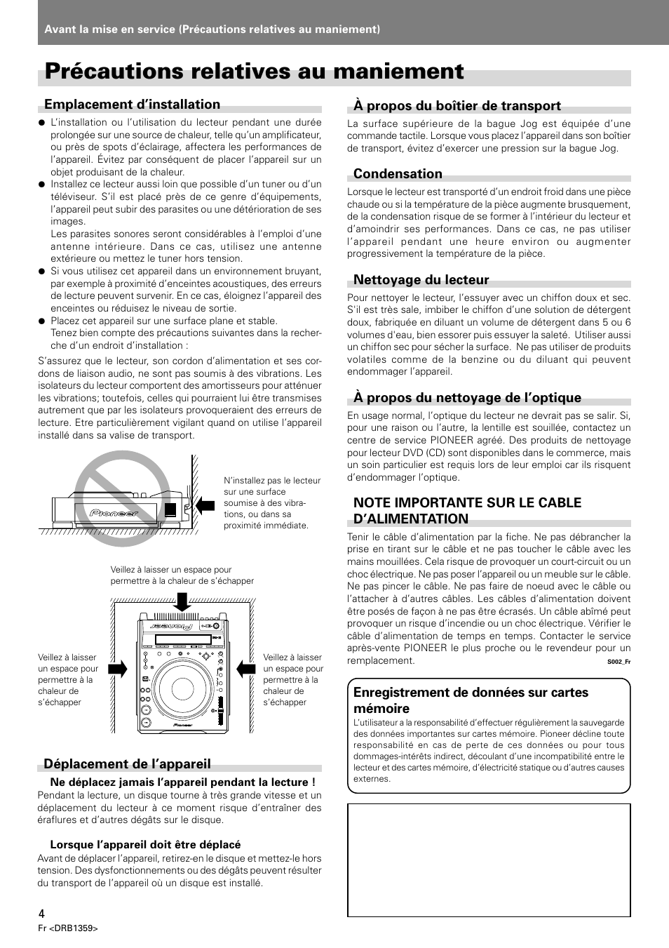 Précautions relatives au maniement, Emplacement d’installation, Déplacement de l’appareil | À propos du boîtier de transport, Condensation, Nettoyage du lecteur, À propos du nettoyage de l’optique, Enregistrement de données sur cartes mémoire | Pioneer DVJ-X1 User Manual | Page 56 / 295