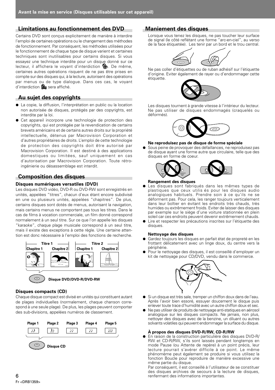 Limitations au fonctionnement des dvd, Au sujet des copyrights, Composition des disques | Maniement des disques | Pioneer DVJ-X1 User Manual | Page 58 / 295