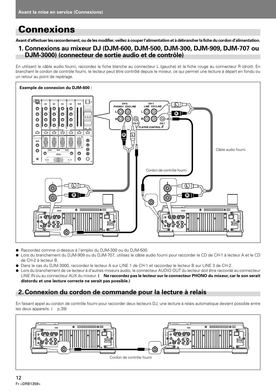 Connexions, Connexions au mixeur dj (djm-600, djm-500, Connexion du cordon de commande pour | La lecture à relais, Aconnexions, Avant la mise en service (connexions), Djm-600 dvj-x1, Dvj-x1, Fr <drb1359, Câble audio fourni cordon de contrôle fourni | Pioneer DVJ-X1 User Manual | Page 64 / 295