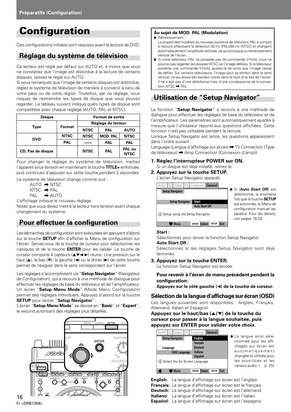 Configuration, Réglage du système de télévision, Utilisation de “setup navigator | Pour effectuer la configuration, Sélection de la langue d’affichage sur écran (osd) | Pioneer DVJ-X1 User Manual | Page 68 / 295