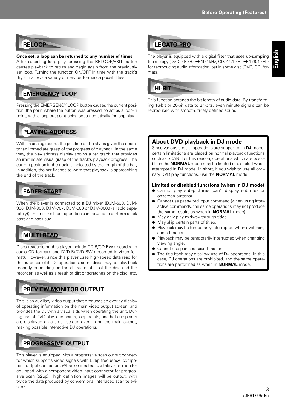 English, Reloop, Emergency loop | Playing address, Fader start, Multi read, Preview monitor output, Progressive output, Legato pro, Hi-bit | Pioneer DVJ-X1 User Manual | Page 7 / 295