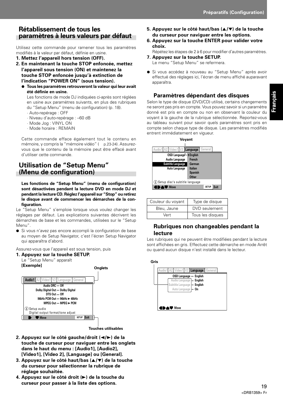 Fran ç ais, Paramètres dépendant des disques, Rubriques non changeables pendant la lecture | Pioneer DVJ-X1 User Manual | Page 71 / 295