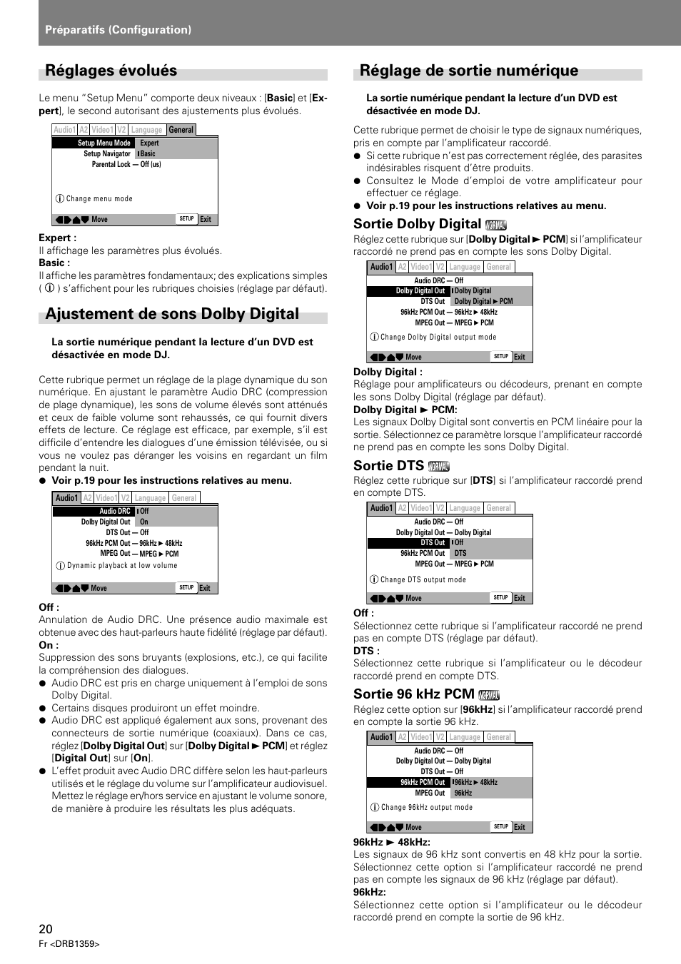Réglages évolués, Ajustement de sons dolby digital, Réglage de sortie numérique | Sortie dolby digital, Sortie dts, Sortie 96 khz pcm, Préparatifs (configuration) | Pioneer DVJ-X1 User Manual | Page 72 / 295