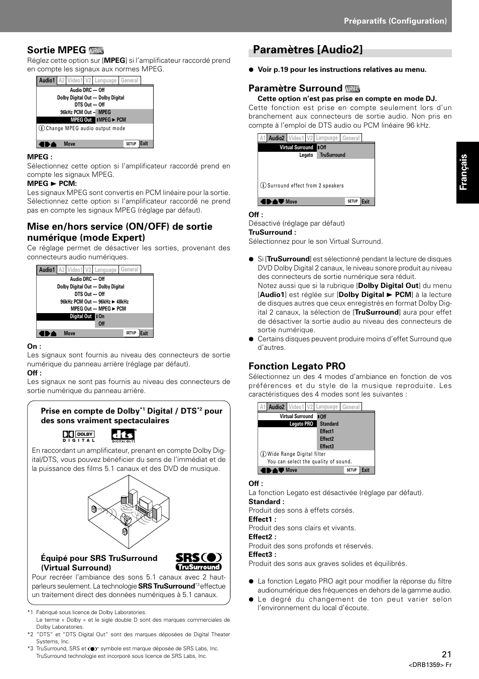 Paramètres [audio2, Fran ç ais sortie mpeg, Paramètre surround | Fonction legato pro | Pioneer DVJ-X1 User Manual | Page 73 / 295