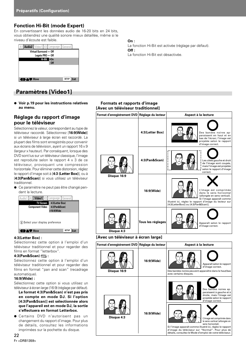 Paramètres [video1, Réglage du rapport d’image pour le téléviseur, Fonction hi-bit (mode expert) | Préparatifs (configuration), Avec un téléviseur à écran large | Pioneer DVJ-X1 User Manual | Page 74 / 295