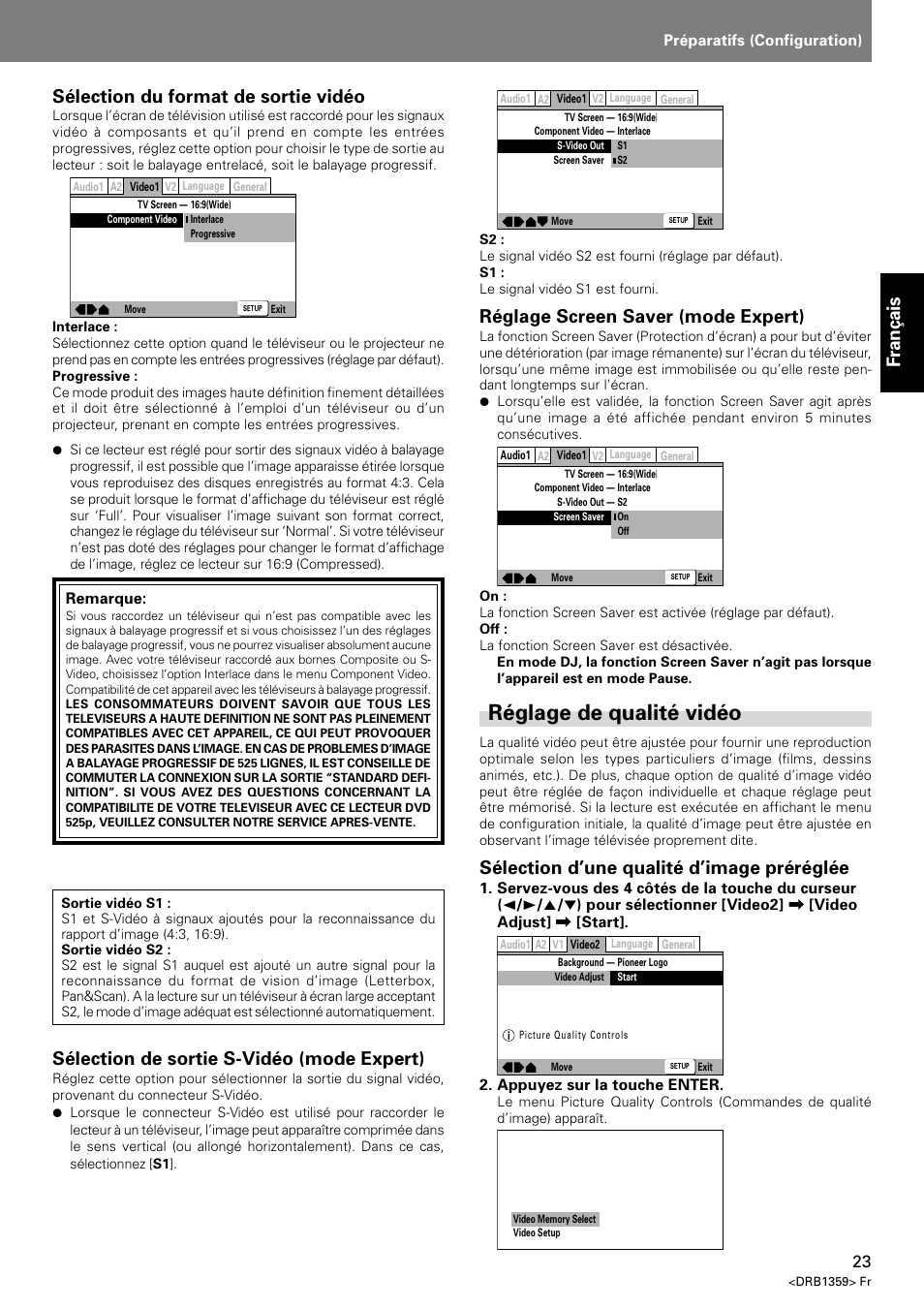 Réglage de qualité vidéo, Fran ç ais sélection du format de sortie vidéo, Sélection de sortie s-vidéo (mode expert) | Réglage screen saver (mode expert), Sélection d’une qualité d’image préréglée | Pioneer DVJ-X1 User Manual | Page 75 / 295
