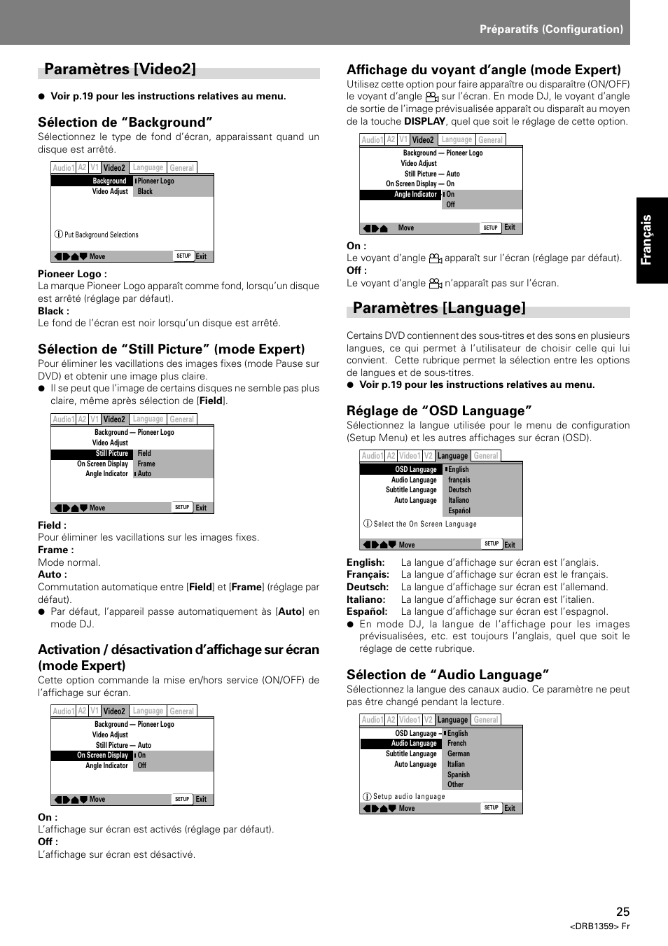 Paramètres [video2] paramètres [language, Paramètres [video2, Paramètres [language | Fran ç ais, Sélection de “background, Sélection de “still picture” (mode expert), Affichage du voyant d’angle (mode expert), Réglage de “osd language, Sélection de “audio language, Index préparatifs (configuration) | Pioneer DVJ-X1 User Manual | Page 77 / 295