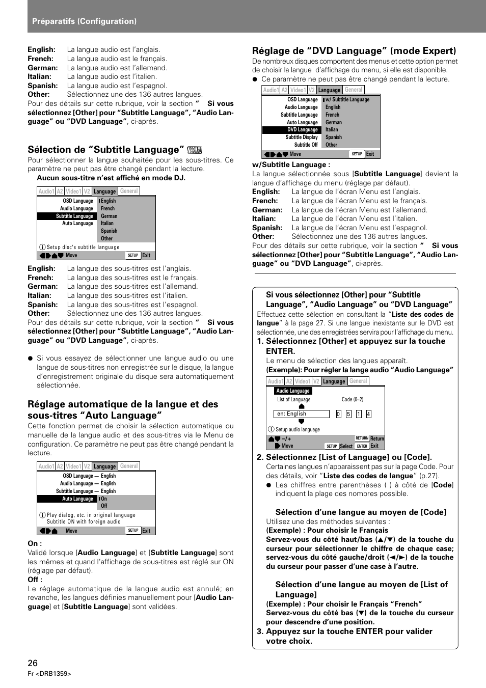 Sélection de “subtitle language, Réglage de “dvd language” (mode expert) | Pioneer DVJ-X1 User Manual | Page 78 / 295