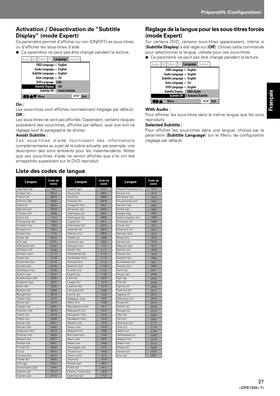 Fran ç ais, Liste des codes de langue, Index préparatifs (configuration) | Pioneer DVJ-X1 User Manual | Page 79 / 295
