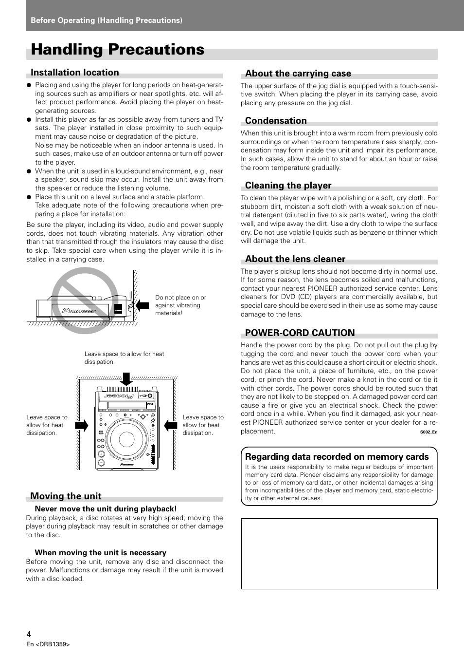 Handling precautions, Installation location, Moving the unit | About the carrying case, Condensation, Cleaning the player, About the lens cleaner, Power-cord caution | Pioneer DVJ-X1 User Manual | Page 8 / 295