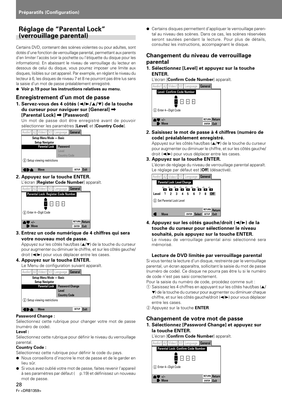 Réglage de “parental lock” (verrouillage parental), Enregistrement d’un mot de passe, Changement du niveau de verrouillage parental | Changement de votre mot de passe | Pioneer DVJ-X1 User Manual | Page 80 / 295