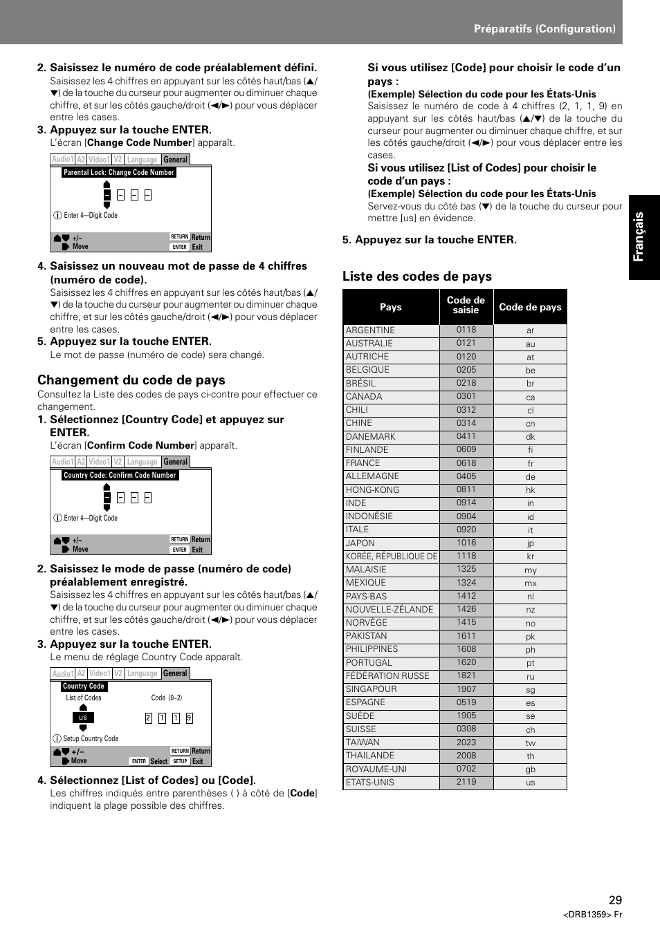 Fran ç ais, Changement du code de pays, Liste des codes de pays | Pioneer DVJ-X1 User Manual | Page 81 / 295