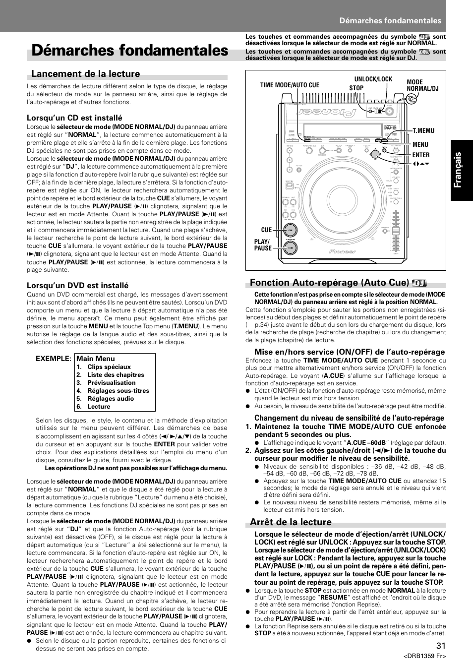 Démarches fondamentales, Fran ç ais, Lancement de la lecture | Fonction auto-repérage (auto cue), Arrêt de la lecture | Pioneer DVJ-X1 User Manual | Page 83 / 295