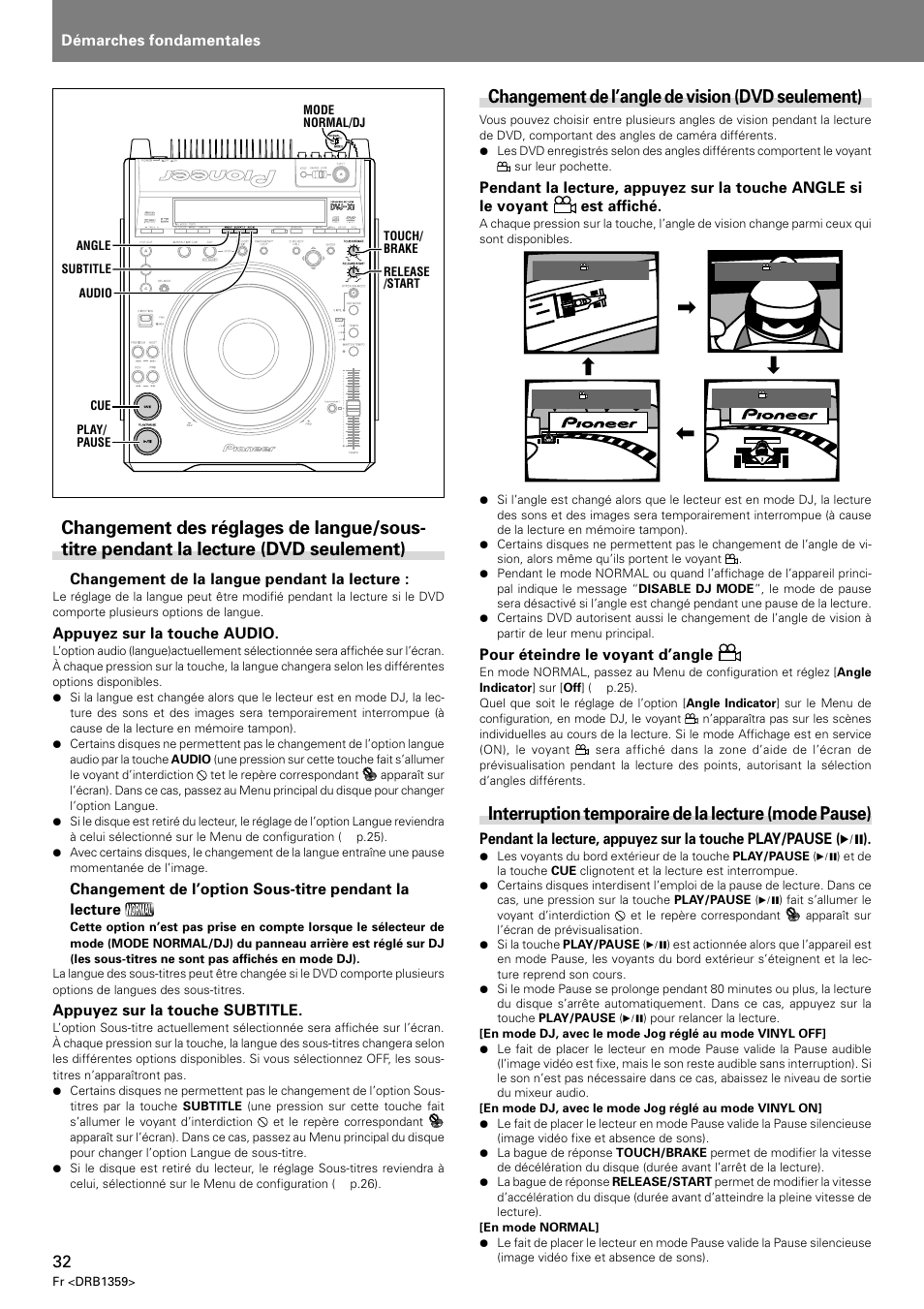 Changement de l’angle de vision (dvd seulement), Interruption temporaire de la lecture (mode pause) | Pioneer DVJ-X1 User Manual | Page 84 / 295
