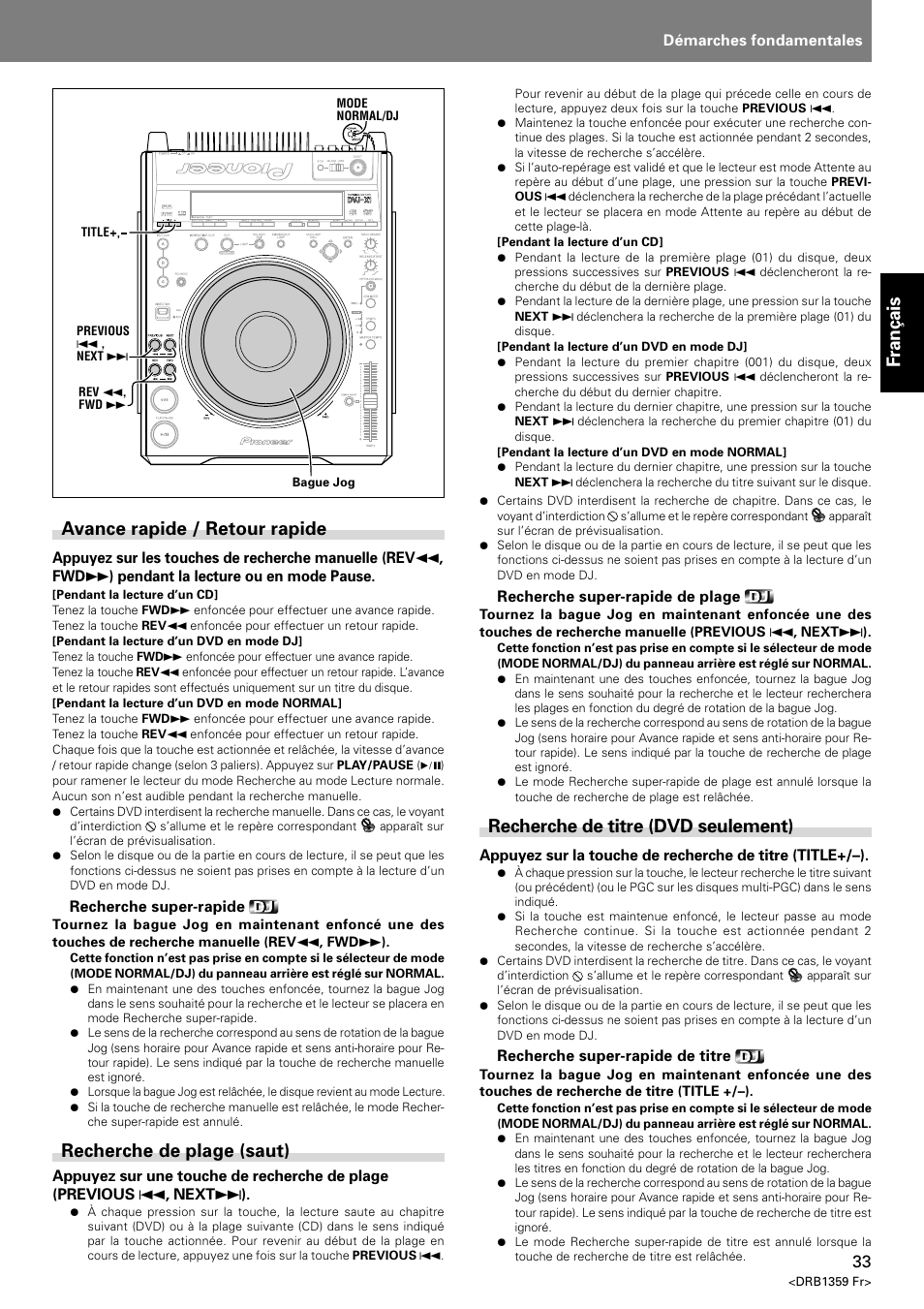 Fran ç ais, Avance rapide / retour rapide, Recherche de plage (saut) | Recherche de titre (dvd seulement) | Pioneer DVJ-X1 User Manual | Page 85 / 295