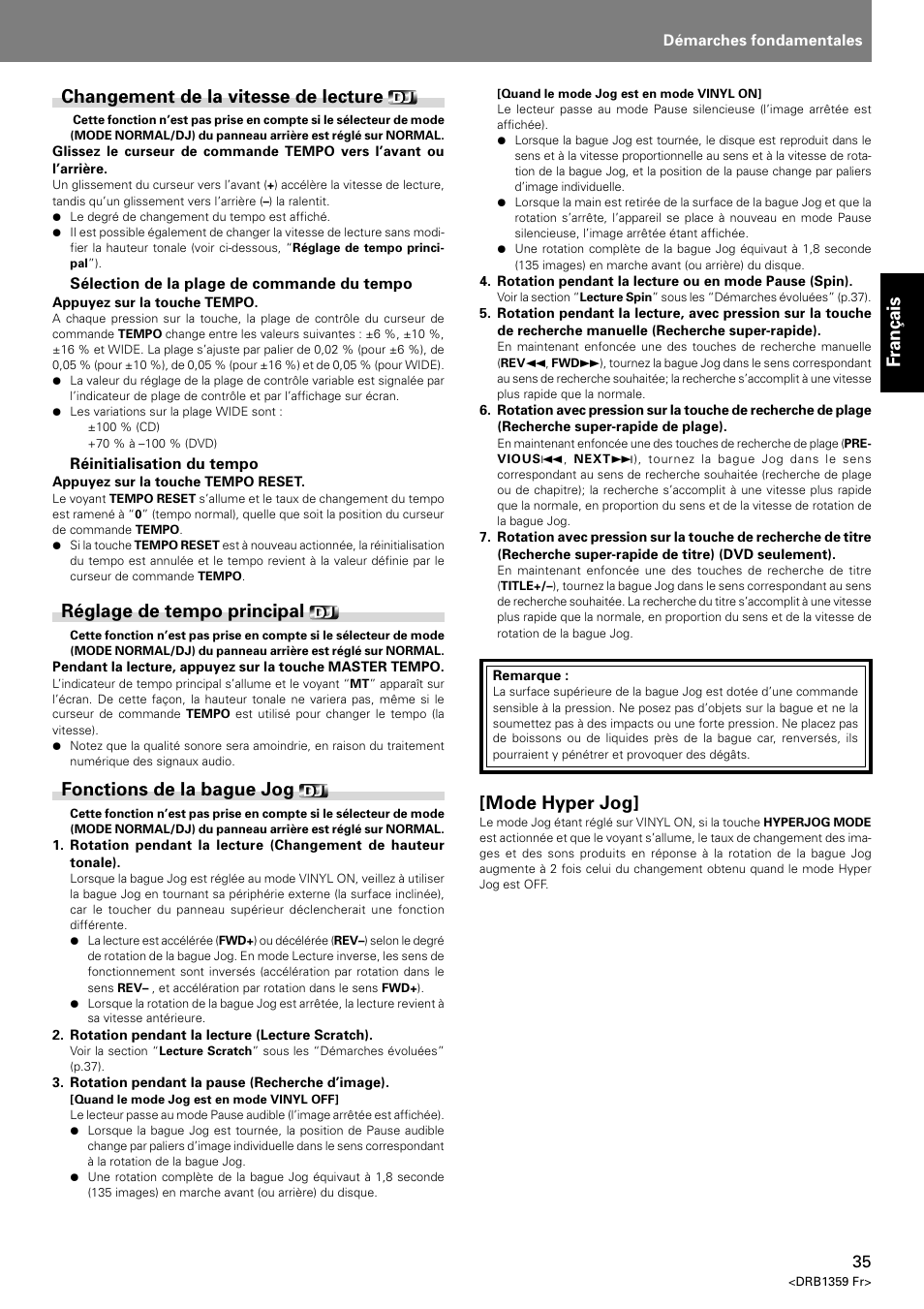 Fran ç ais, Changement de la vitesse de lecture, Réglage de tempo principal | Fonctions de la bague jog, Mode hyper jog | Pioneer DVJ-X1 User Manual | Page 87 / 295