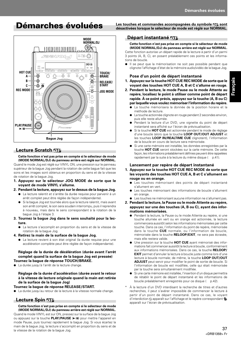 Démarches évoluées, Lecture scratch lecture spin départ instantané, Français | Lecture scratch, Lecture spin, Départ instantané | Pioneer DVJ-X1 User Manual | Page 89 / 295