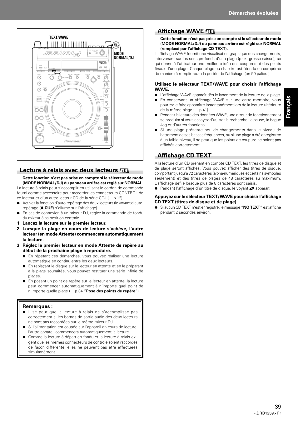 Fran ç ais lecture à relais avec deux lecteurs, Affichage wave, Affichage cd text | Pioneer DVJ-X1 User Manual | Page 91 / 295