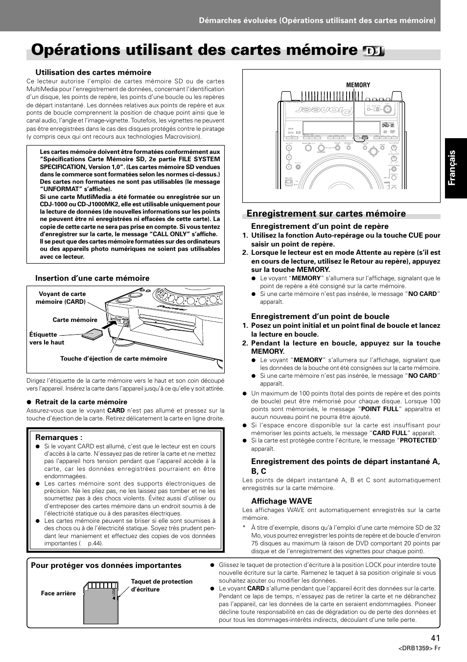 Opérations utilisant des cartes mémoire, Enregistrement sur cartes mémoire, Fran ç ais | Pioneer DVJ-X1 User Manual | Page 93 / 295