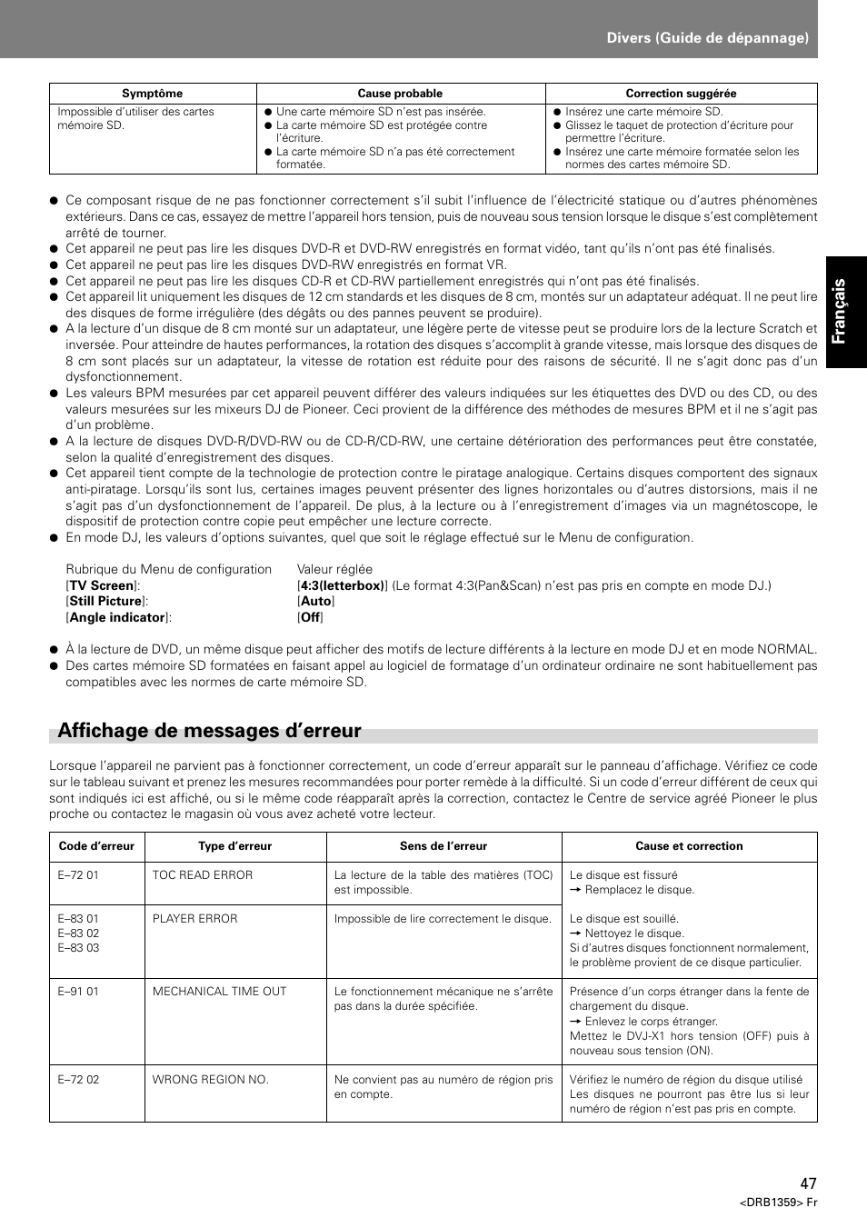 Affichage de messages d’erreur, Français | Pioneer DVJ-X1 User Manual | Page 99 / 295