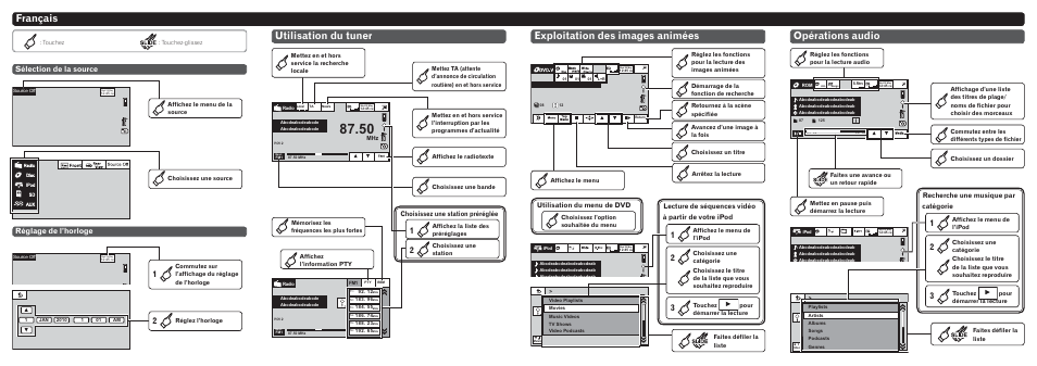 Français, Utilisation du tuner, Exploitation des images animées opérations audio | Sélection de la source réglage de l’horloge, Choisissez une station préréglée, Lecture de séquences vidéo à partir de votre ipod, Utilisation du menu de dvd, Recherche une musique par catégorie | Pioneer AVH P4300DVD User Manual | Page 3 / 8