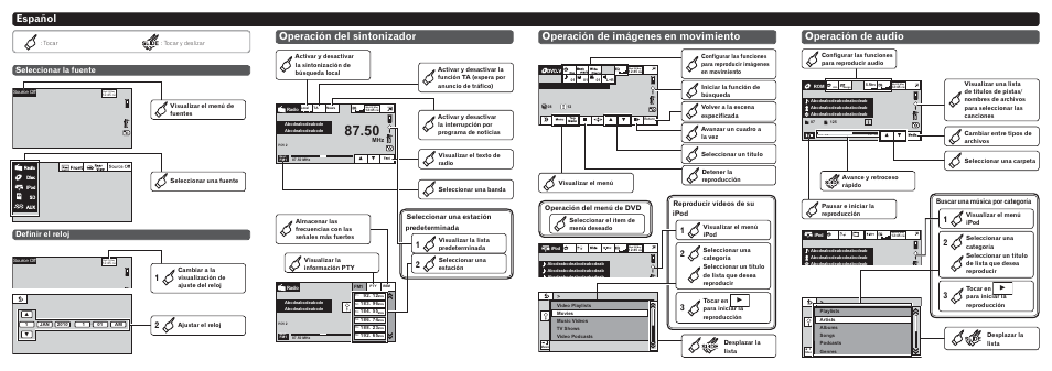Español, Operación del sintonizador, Seleccionar la fuente definir el reloj | Seleccionar una estación predeterminada, Operación del menú de dvd | Pioneer AVH P4300DVD User Manual | Page 7 / 8