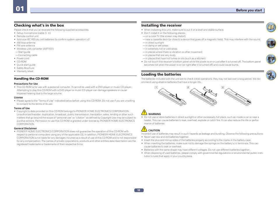 Checking what’s in the box, Loading the batteries | Pioneer SC-LX78-S User Manual | Page 10 / 141