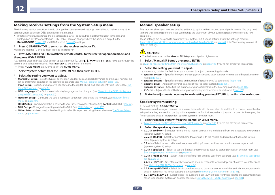 Speaker system setting, Speaker system set, Ting | Manual, Speaker setup, Making receiver set, Tings from the system setup menu, Manual speaker setup, Manual speaker, Setup | Pioneer SC-LX78-S User Manual | Page 103 / 141